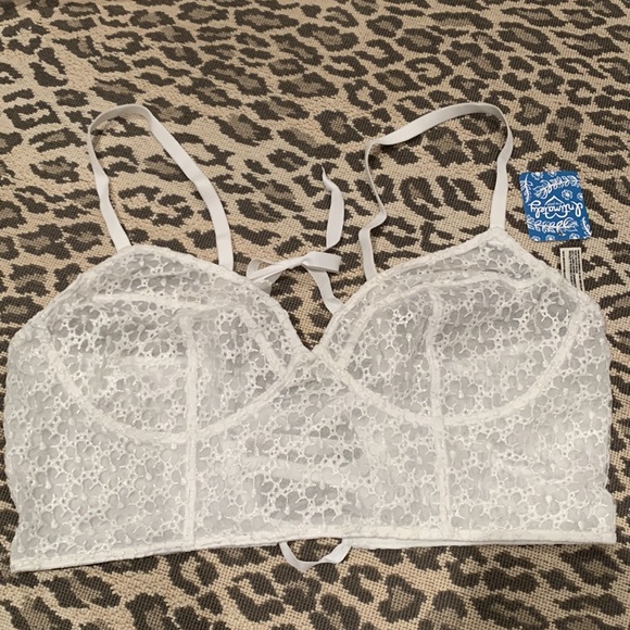 FREE PEOPLE INTIMATELY LONGLINE LACE APPLIQUÉ OVER NETTING BRALETTE LACED BACK M - Picture 6 of 12